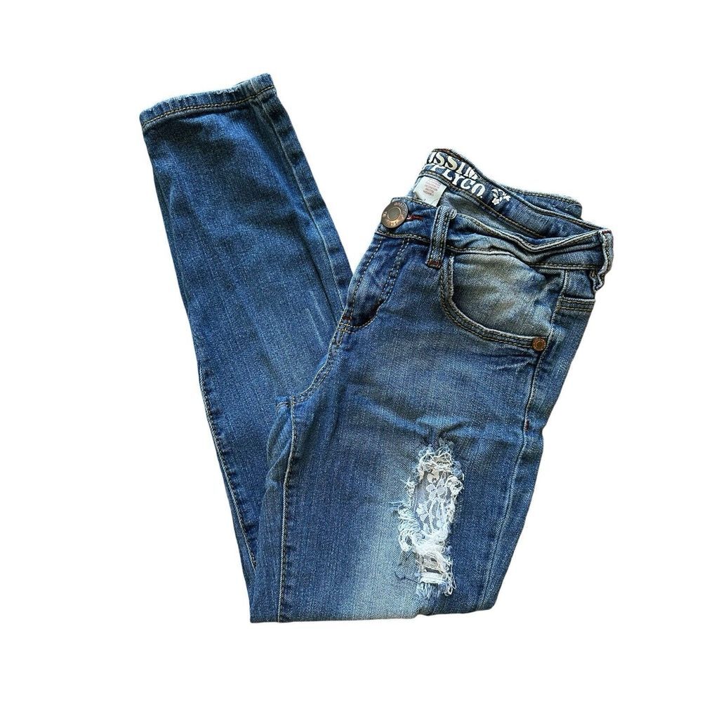 Mossimo Women's Juniors Size 1 Blue Straight‎ Distressed Stretch Jeans